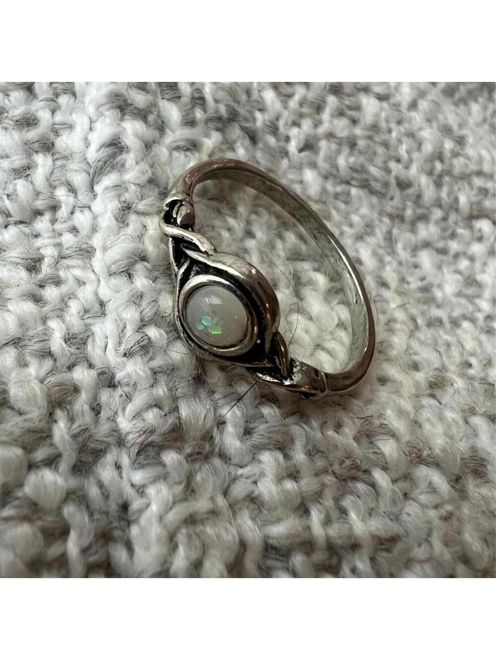 Vintage Dainty Minimalist Silver-Tone Infinity Knot White Opal Promise Ring